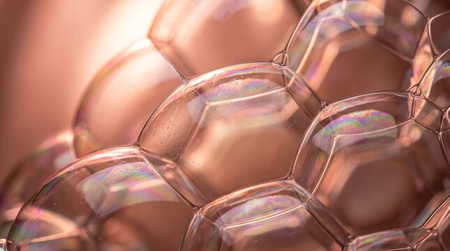 Close up view of iridescent soap bubble film texture forming hexagonal patterns on a dark background with interference
