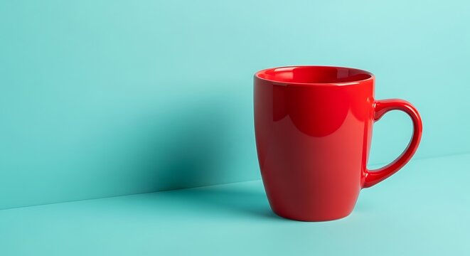 A single empty red ceramic coffee mug standing on a light blue background surface