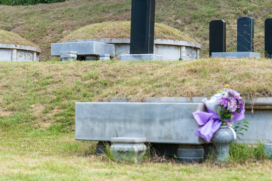 Tidied Korean traditional ancestral graves on a hill after weeding for Chuseok holiday
