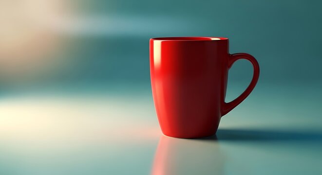 A single empty red ceramic coffee mug standing on a smooth reflective surface