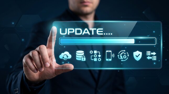 Professional man interacting with a digital interface showing software update progress and industrial automation icons for modern smart manufacturing and technology