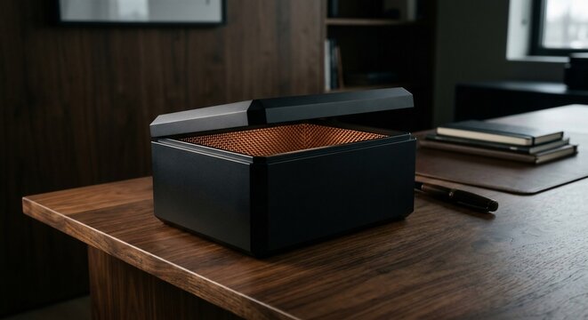 Modern black storage box with glowing copper interior on office desk