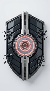 Futuristic shield with glowing red core representing cybersecurity and digital defense