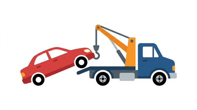 Tow truck towing broken red sedan car roadside assistance service vector illustration