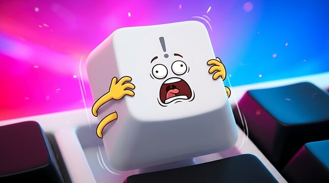 Animated Exclamation Key in Shock on Keyboard with Dramatic Pink-Blue Gradient