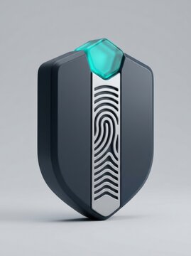 Dark shield with fingerprint symbol representing digital security and biometric identity
