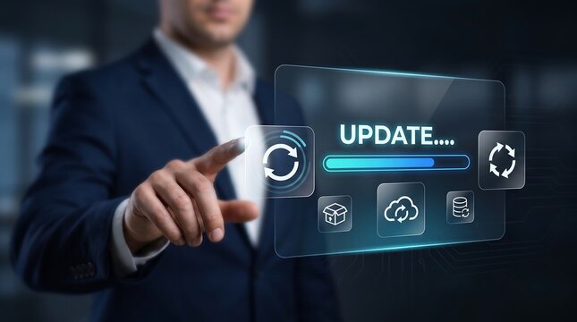 Business executive interacting with a digital interface showing software update progress and cloud-based file management icons for secure corporate data environments