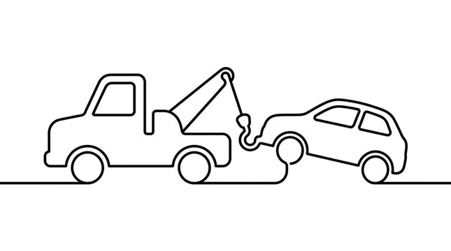 Tow truck towing broken car in continuous single line art outline drawing