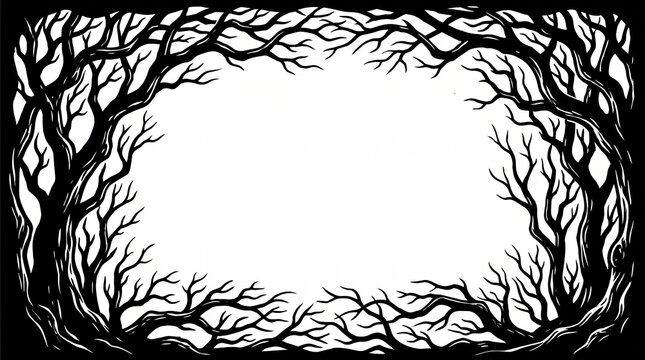 An evocative monochrome illustration depicts twisted bare trees creating a natural frame around a bright central white space