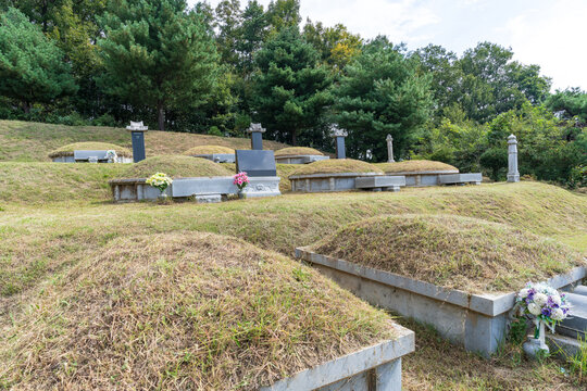 Tidied Korean traditional ancestral graves on a hill after weeding for Chuseok holiday