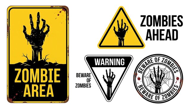 Warning signs featuring scary zombie hands rising from ground for horror themed party graphic design elements