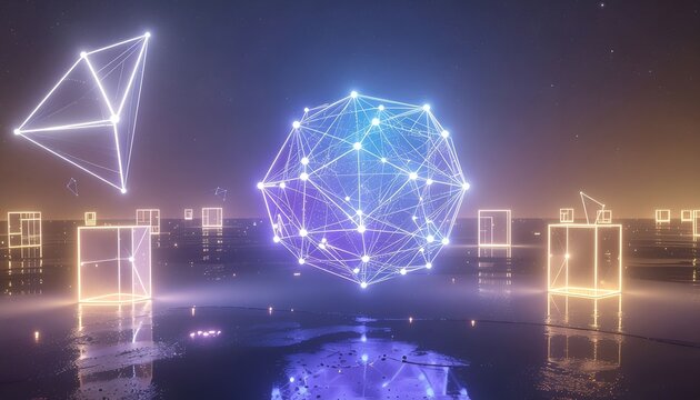 Futuristic digital technology with interconnected glowing geometric shapes and illuminated city skyline representing innovation and advanced scientific concepts in a vibrant urban setting