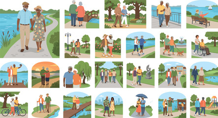 Fototapeta premium Flat vector illustration set of active senior couples walking outdoors hiking jogging cycling and enjoying retirement life in nature