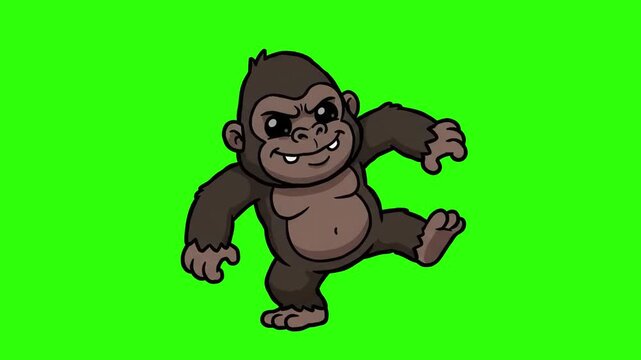 A strong gorilla character dancing happily in classic rubber hose animation style on a chroma key green background. Excellent for wild animal animations, jungle themes, gaming avatars, cartoon mascots