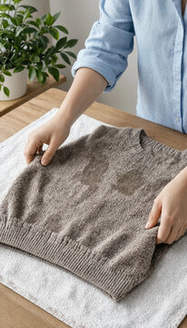 Hands placing a wet grey knitted sweater on a white drying towel to reshape with flat drying laundry care washing clothes clothing care garment maintenance woolen clothes home laundry
