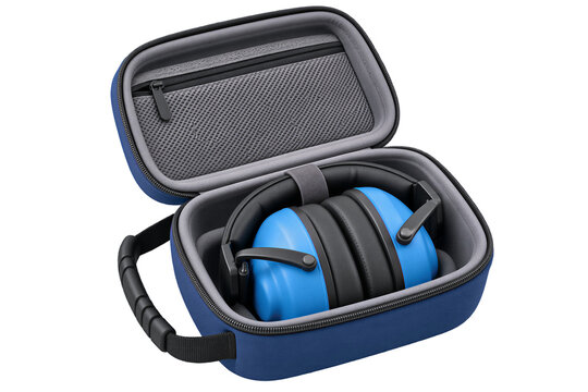Blue ear muffs inside an open padded carrying case, isolated on a transparent background. Safety equipment, hearing protection, industrial gear.