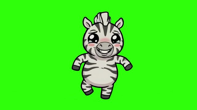 Adorable 2D cartoon zebra character standing with open arms and a cheerful smile isolated on a studio chroma key green background. Excellent for children's video intros, educational cartoons, safari p