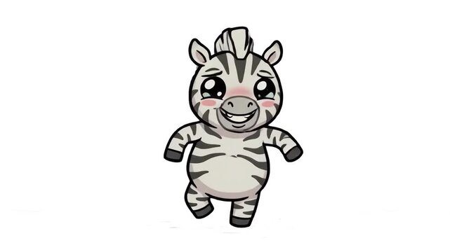 Adorable 2D cartoon zebra character standing and smiling cheerfully with big cute eyes isolated on a clean white background. Perfect for children's educational content, mobile game character designs, 