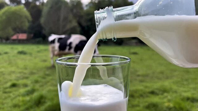 Fresh white milk being poured from a clear glass bottle into a glass on a table with a green pasture and dairy cow in the background.