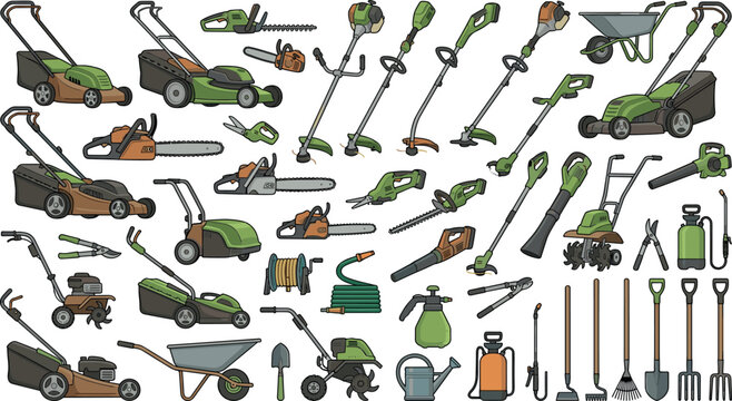Flat vector illustration set of modern garden machinery lawn mowers chainsaws string trimmers wheelbarrows and landscaping maintenance hand tools