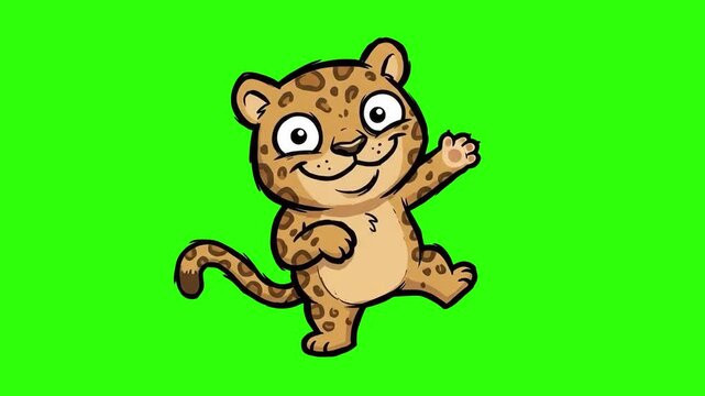 A cute 2D animated leopard character with spots smiling and waving hand cheerfully on a chroma key green background. Perfect for wild animal content, children's cartoons, zoo promos, mascot logos, and
