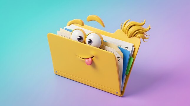 Cheerful 3D Yellow File Folder with Googly Eyes and Playful Tongue