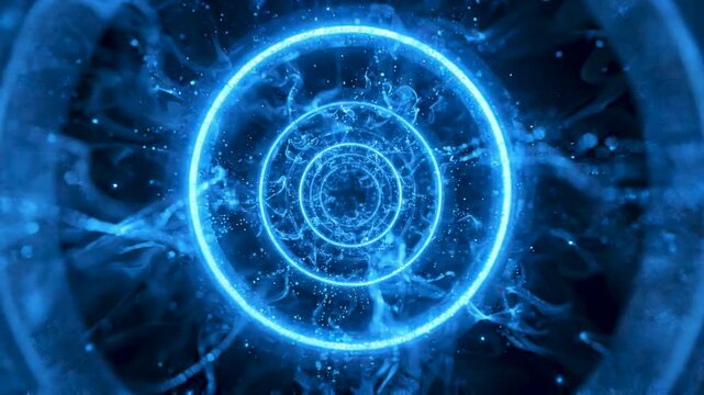 Blue glowing circles create a futuristic tunnel depicting concepts of technology science fiction and digital progression.