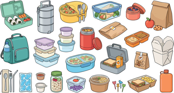 Flat vector illustration set of school lunch boxes reusable food storage containers plastic bento boxes and healthy snack packaging