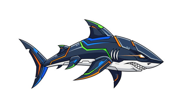 Vector illustration of a futuristic cybernetic shark with glowing neon armor and sharp teeth