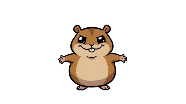 A chubby 2D cartoon hamster character standing with open arms and a cheerful smile isolated on a clean white background. Excellent for pet food branding, mobile game mascots, stickers, kids book illus