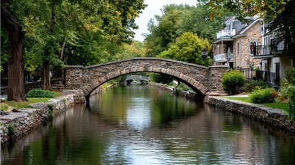 Fototapeta premium Stone Bridge Over Canal: An old stone arch bridge gracefully spans a tranquil canal lined with lush greenery and charming buildings, reflecting serenely in the calm water.