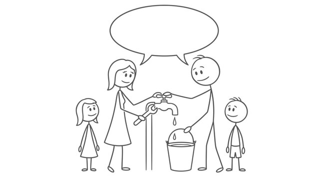 Family collecting water from a pump with speech bubble.