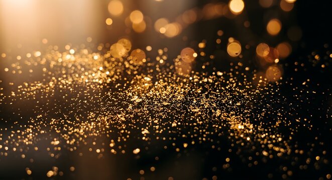 Shimmering Gold Glitter Dust and Glowing Bokeh Particles Scattered on Dark Background