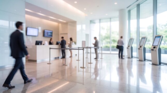 Corporate building lobby with people walking and using self-service kiosks in a bright modern interior space for business and professional reception services