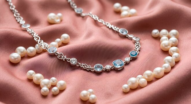 Silver Necklace with Light Blue Stones and Pearl Strands Draped on Pink Satin