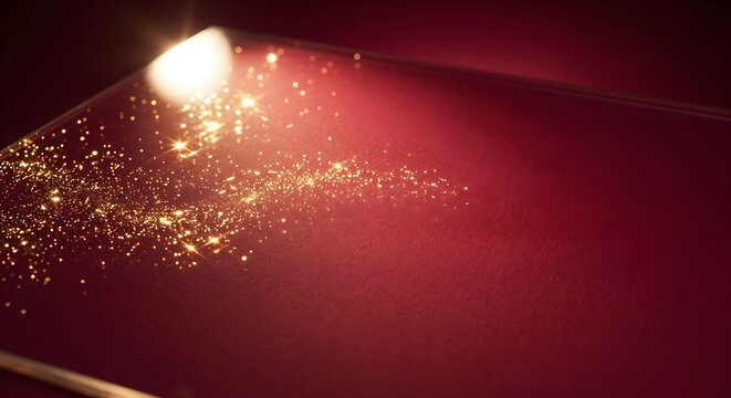 Dramatic Dark Red Background Illuminated by Diagonal Sparkling Golden Light Beam