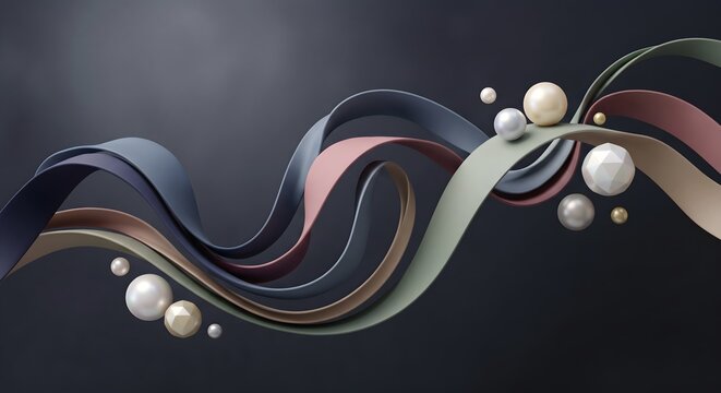 Abstract 3D Dark Blue and Beige Ribbon Waves Intertwined with Floating White Pearls