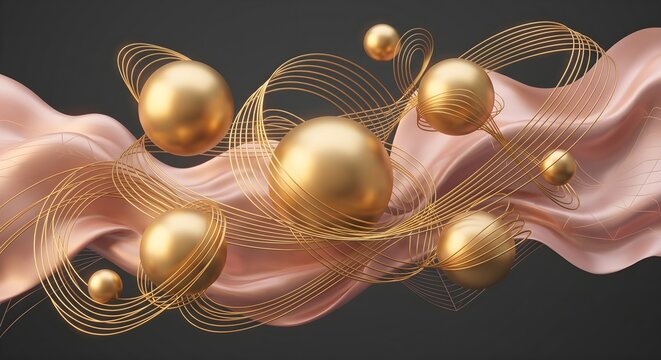 Abstract 3D Floating Gold Spheres and Wire Orbits Above Soft Pink Silk Waves