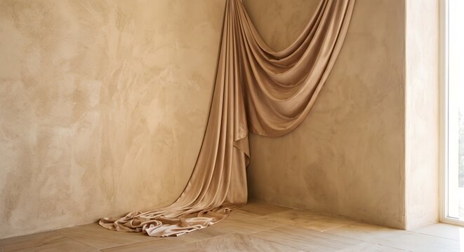 Minimalist Studio Room Corner Draped with Flowing Beige Fabric in Soft Light