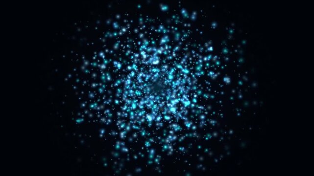 Blue particles coalesce and disperse against a black background