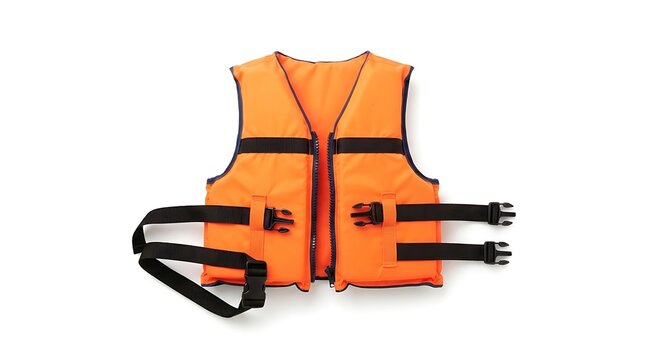A bright orange life jacket with black straps and buckles on a white background