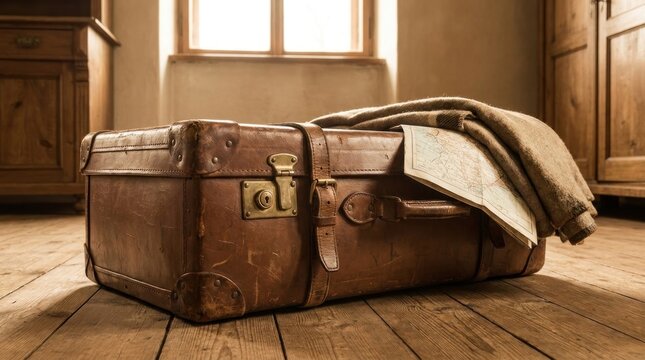 A weathered leather trunk rests on a wooden floor in a warmly lit room. A folded map is draped over the trunk, partially obscuring its details.