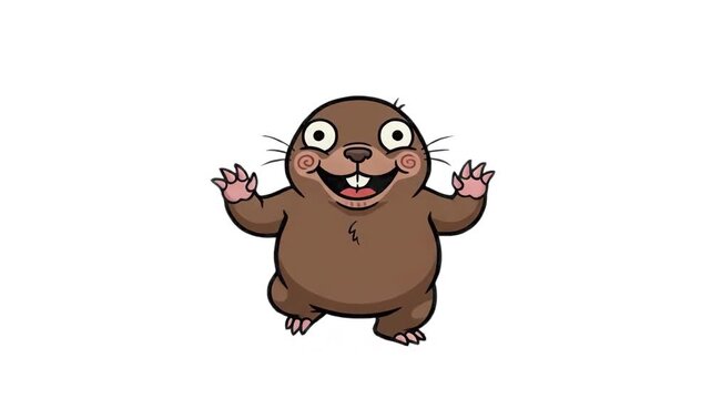 A funny 2D animated mole character dancing joyfully on a clean white background. Perfect for children's books, web banners, promotional graphics, and animated character elements.