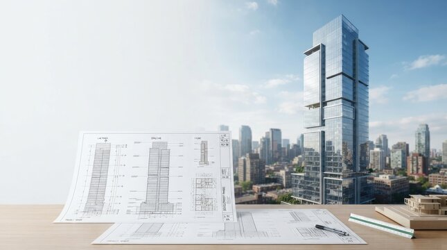 A person is studying architectural blueprints on a wooden table. A skyscraper dominates the background, showcasing a modern cityscape.