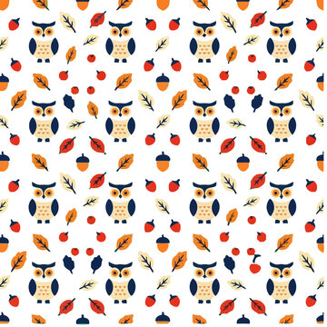 Seamless pattern of cartoon owls and autumn elements