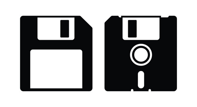 Two black floppy disk silhouettes against a white background retro data storage
