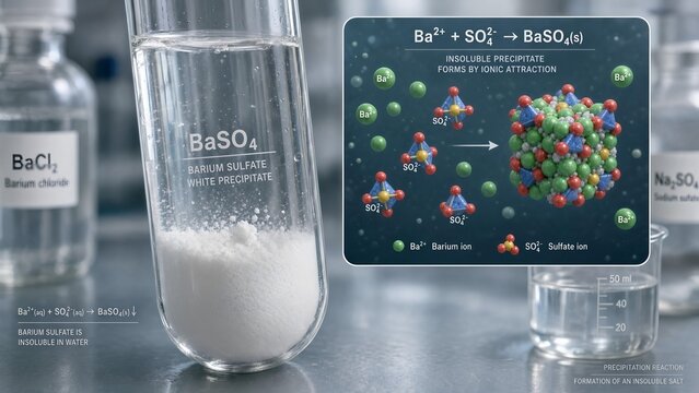 Test tube containing a white precipitate of barium sulfate baso4 with a zoomed inset showing barium and sulfate ions reacting and forming dense fine particles on a clean lab table