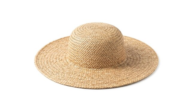 A stylish straw hat with a wide brim and natural texture on a white background