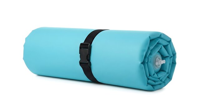 A rolled up blue sleeping pad with a black strap on a white background