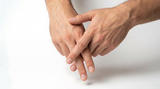 Man's hands interlocked in a complex gesture, demonstrating finger dexterity and hand coordination on a clean white background